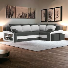   (ÉCS) GRANDE kinyitható sarokkanapé polccal és 2 db puffal, normál szövet, hab töltőanyag, jobbos, bal oldali polc, jobb oldali puff tároló, szürke / fehér (háttámla sérült)