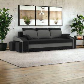   (Értékcsökkentett) HEWLET kanapéágy 2 db puffal, normál szövet, hab töltőanyag, bal oldali puff tároló, fekete / szürke (alsó rész sérült)