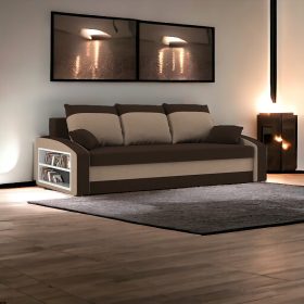   (ÉCS) Monviso kanapéágy polccal, normál szövet, hab töltőanyag, bal oldali polc, barna / cappuccino (alsó rész sérült)