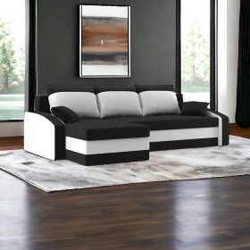   (ÉCS) Monviso kinyitható sarokkanapé, univerzális oldal, normál szövet, hab töltőanyag, szín - fekete / fehér (alsó rész sérült)