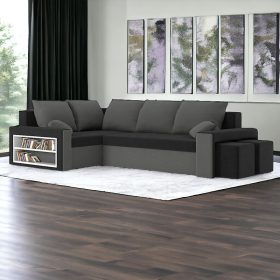   (ÉCS) METRO kinyitható sarokkanapé polccal és 2 db puffal, normál szövet, hab töltőanyag, balos, bal oldali polc, jobb oldali puff tároló, fekete / szürke (alsó rész sérült)