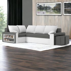   (Értékcsökkentett) METRO kinyitható sarokkanapé polccal és 2 db puffal, PRO szövet, bonell rugóval, balos, bal oldali polc, jobb oldali puff tároló, szürke / fehér (beszakadt alsó rész)