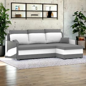  (ÉCS) Pollino kinyitható sarokkanapé, univerzális oldal, normál szövet, hab töltőanyag, szín - szürke / fehér (alsó rész)