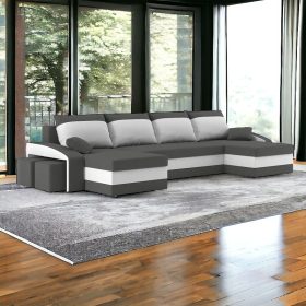   (ÉCS) Manaszlu kinyitható sarokkanapé 2 db puffal, U alakú, normál szövet, hab töltőanyag, bal oldali puff tároló, szín - szürke / fehér (ülő rész sérült)