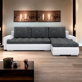   (ÉCS) TOKIO VI kinyitható sarokkanapé, jobbos, szín - hamuszürke / fehér (repedezett bőr + díszláb sérült)