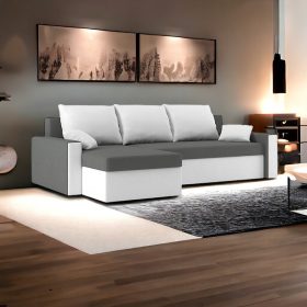   (ÉCS) Elbrus kinyitható sarokkanapé, univerzális oldal, normál szövet, hab töltőanyag, szín - szürke / fehér (ülő rész sérült)