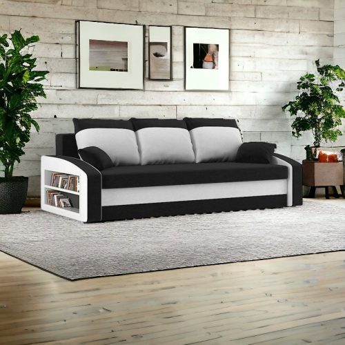 Monviso kanapéágy polccal, normál szövet, hab töltőanyag, bal oldali polc, fekete / fehér