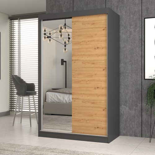 Riano MIX IGA 120 tolóajtós gardróbszekrény, 1 tükörrel, 120x200x61 cm, antracit-tölgy