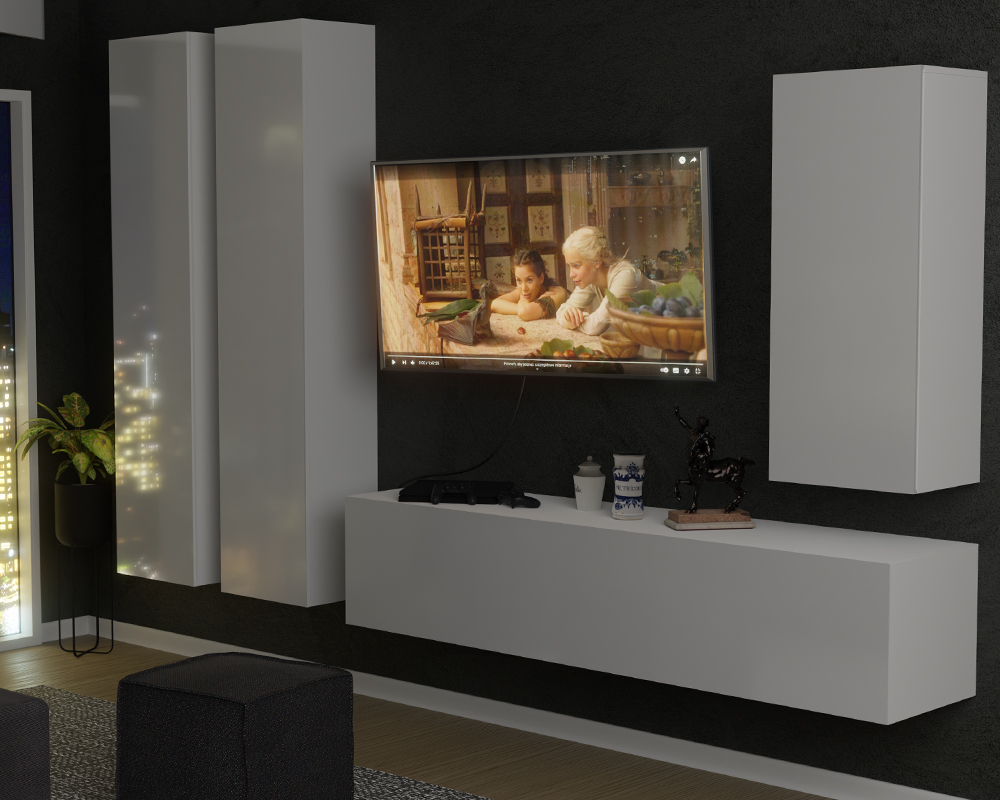 minimalista stílusú fehér TV-állvány a nappali szobában