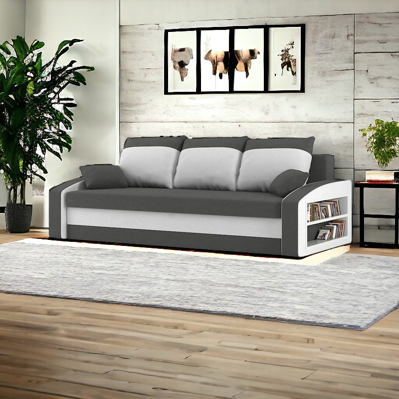 Monviso kanapéágy polccal, normál szövet, hab töltőanyag, jobb oldali polc, szürke / fehér